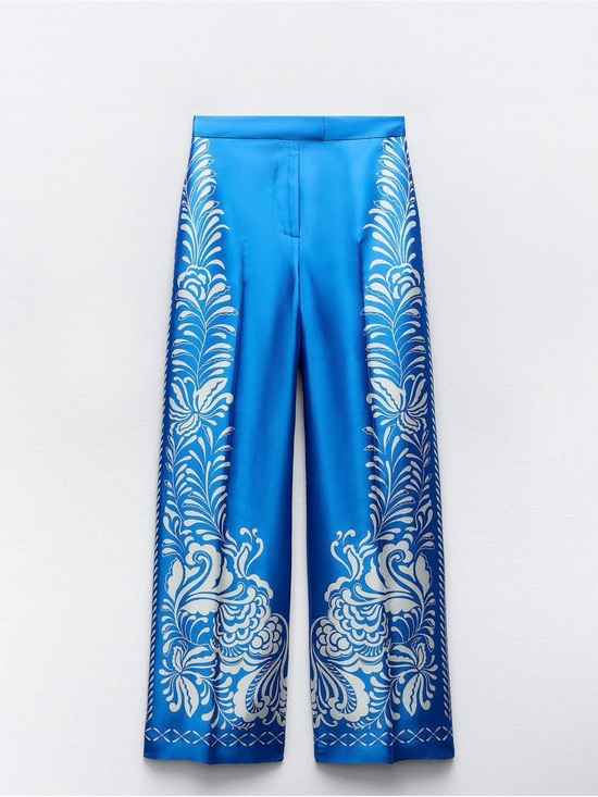 Zara Pants - Zara Blue Wide-Leg Satin Pants with White Floral Print